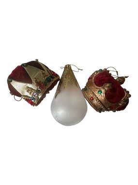 Elegant Red Velvet and Gold Crown Ornament Set with Frosted White Teardrop